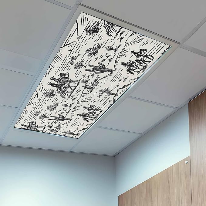 3 Pack Fluorescent Light Cover, Western Cowboys Light Covers for Ceiling Lights, Vintage Desert Canyon Cactus Horseshoe Magnetic Lights Filters Ceiling Shade for Classroom/Office - 4 x 2 Feet