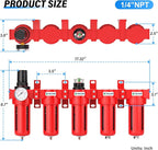 TAILONZ PNEUMATIC 0-150PSI 1/4 Inch NPT Red Industrial Grade 5 Stage Air Drying System, Particulate Filter, Coalescing Filter, Double Desiccant Dryer and Air Regulator (Manual Drainage)
