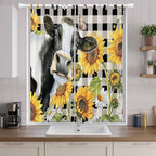 Retro Sunflowers Living Room Curtains 96 Inch Length, Window Curtains Tab Top, Farmhouse Floral Cow Butterfly Black Plaid Light Filtering Window Treatments Drapes 52"x96" 2 Panel