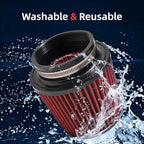 3" 3.5" 4" Inlet Car Replacement Cold Air Intake Filter 76mm 89mm 102mm 3 Sizes in 1 High Flow Performance Cone Air Filter (Red)