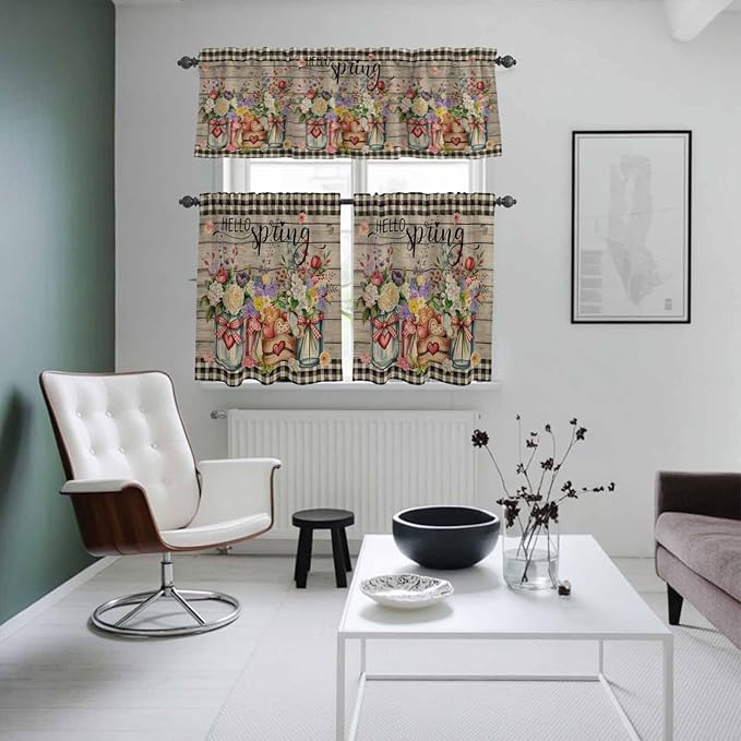 Spring Flowers Kitchen Curtains Set 3 Piece for Windows, Rod Pocket Valance and Tier Set 36 Inch Length, Farmhouse Vintage Black Plaid Wood Grain Light Filtering Cafe Curtains for Living Room Bathroom