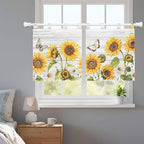 Yellow Sunflowers Kitchen Curtains 36 Inch Length, Small Window Curtains Tab Top, Vintage Country Flowers Butterfly Wood Board Light Filtering Short Window Treatments Tier Drapes 27.5"x36" 2 Panel
