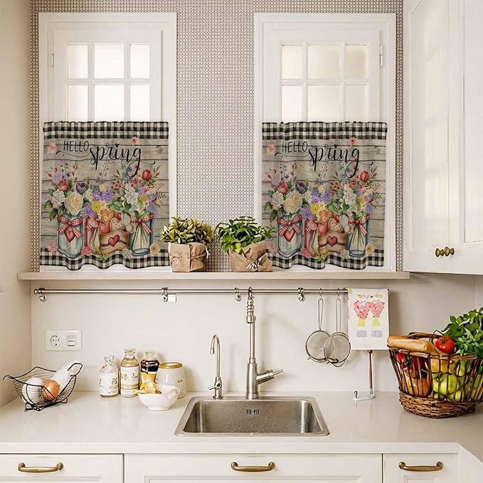 Spring Flowers Kitchen Curtain Set, Farmhouse Vintage Black Plaid Wood Grain Window Valance and Tiers 36" Length, Light Filtering Short Curtains Valance for Cafe Bathroom Bedroom 54"x18"