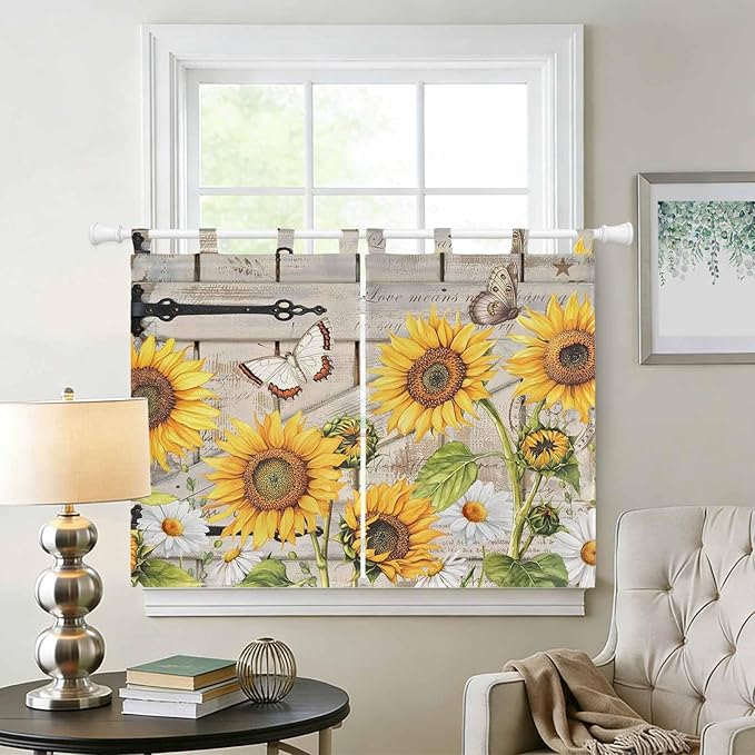 Farm Flowers Kitchen Curtains 45 Inch Length, Short Cafe Window Curtains Tab Top, Retro Sunflowers Barn Doors Butterfly Wood Board Light Filtering Window Treatments Tier Drapes 27.5"x45" 2 Panel