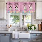 Pink Easter Curtain Valances for Windows, Kitchen Valance Window Treatment, Easter Bunny Eggs Spring Cartoon Farmhouse Wood Grain Light Filter Block Curtains for Bathroom/Bedroom/Living Room 42''x18''