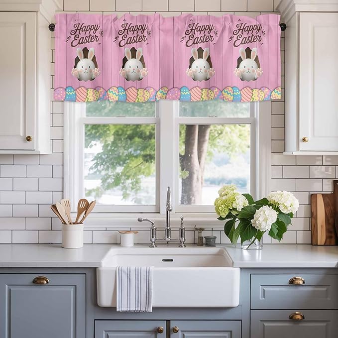 Pink Easter Curtain Valances for Windows, Kitchen Valance Window Treatment, Easter Bunny Eggs Spring Cartoon Farmhouse Wood Grain Light Filter Block Curtains for Bathroom/Bedroom/Living Room 60''x18''