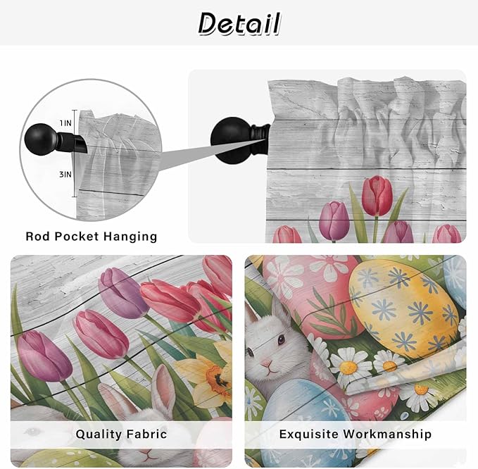 Easter Kitchen Curtains 54 Inch Long 2 Panel Set, Rod Pocket Window Curtains Panels, Retro Spring Bunny Eggs Tulip Farm Wooden Grain Light Filtering Privacy Draperies for Bedroom Laundry 42"W x 54"L