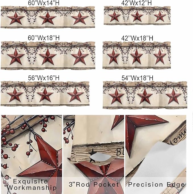 Farmhouse American Valances for Windows, Country Star Berries Vintage Wood Grain Kitchen Valance Light Filtering Rod Pocket Short Curtains for Kitchen Bathroom, 1 Panel, 54"x18"