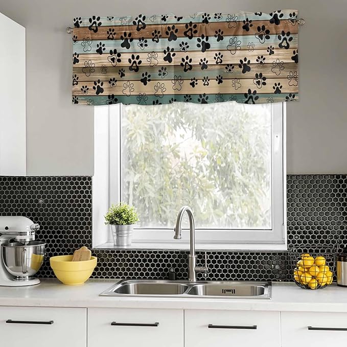 Dog Paws Valance Curtains for Kitchen, Teal Brown Wood Grain Privacy Rod Pocket Valance Curtain, Light-Filtering Window Treatment for Bedroom Bathroom, 60"x18"