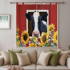 Cow Sunflowers Bathroom Curtains 63 Inch Length, Window Curtains Tab Top, Botanical Floral Leaves Bees Farm Barn Light Filtering Window Treatments Drapes 52"x63" 2 Panel