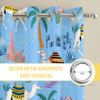 2 Panel Kitchen Cafe Curtains, Desert Landscape Sunlight Filtering Nature Air Through, Window Decor Tier Curtains for Living Room 104W x 72L inch Cute Camels Palm Trees Houses Leaves Blue