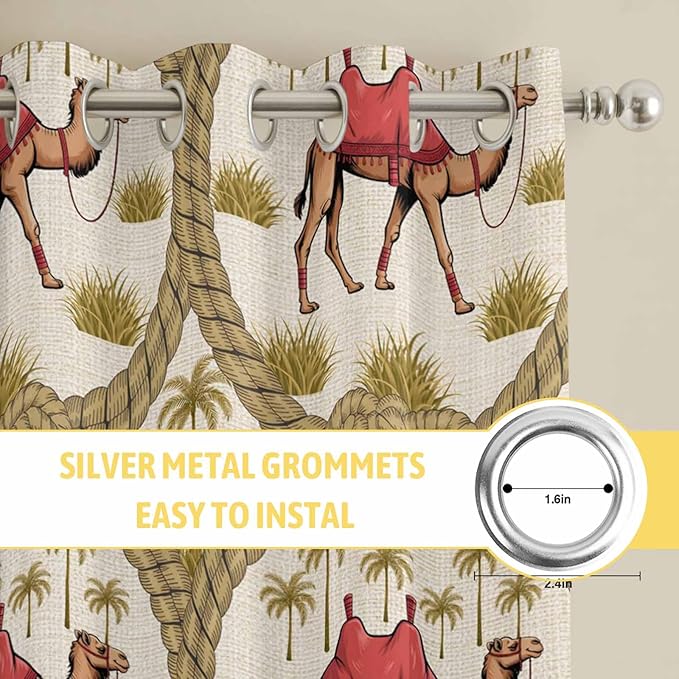 2 Panel Kitchen Cafe Curtains, Camels Palm Trees Sunlight Filtering Nature Air Through, Window Decor Tier Curtains for Living Room 80W x 63L inch Desert Date Coconut Trees Leaves Cords Beige