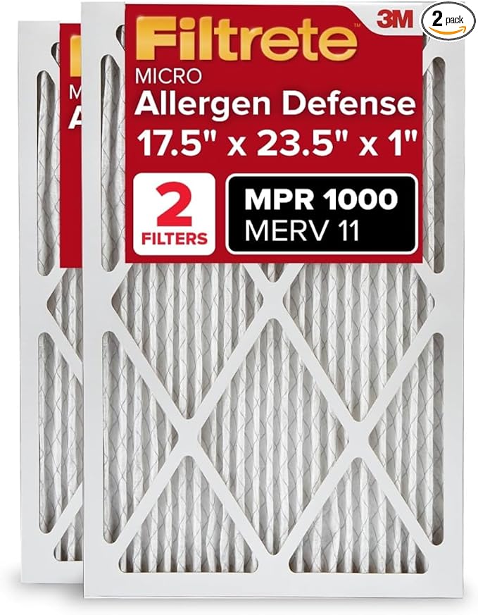Filtrete 17.5x23.5x1 AC Furnace Air Filter, MERV 11, MPR 1000, Micro Allergen Defense, 3-Month Pleated 1-Inch Electrostatic Air Cleaning Filter, 2 Pack (Actual Size 17.19x23.19x0.81 in)