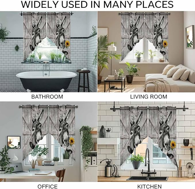Funny Farm Animals Swag Valances for Windows, Vintage Barn Grey Sunflowers Rod Pocket Kitchen Curtains Valance, Kitchen Window Curtains Swag for Cafe Bathroom Living Room, 2 Panels, 36x45 inch