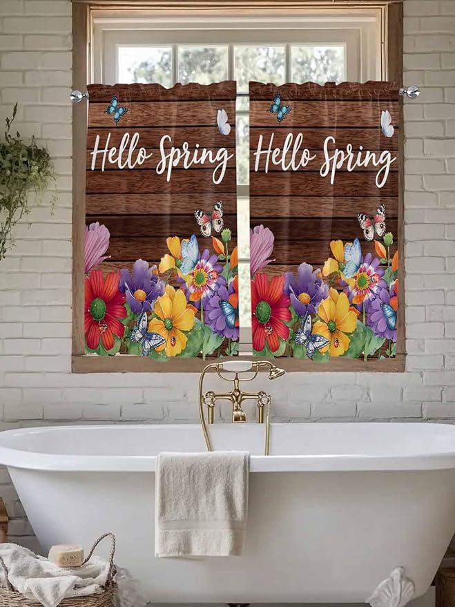 Spring Flowers Kitchen Curtains 54 Inches Length, Watercolor Farmhouse Colorful Wooden Grain Window Treatment Curtain Drapes, Decorative Window Curtains for Bedroom Cafe, 52"x54", 2 Panels