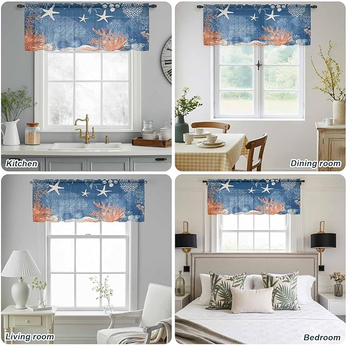 Ocean Corals Sheer Valance Curtains, Summer Beach Coral Sea Stars Dark Blue Light Filtering Kitchen Valances Rod Pocket Voile Curtain Window Treatment for Bedroom/Living Room/Basement 54Wx18L