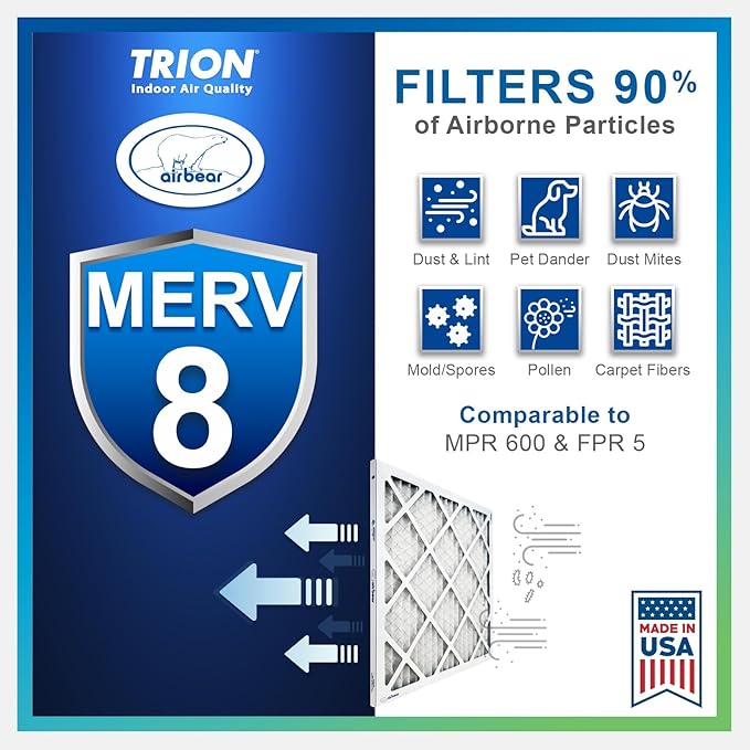 16x25x2 Air Filter MERV 8 (2-Pack) TRION Air Bear Pleated HVAC Air Filter Replacement (Actual Size: 15.50 x 24.50 x 1.75 Inches)