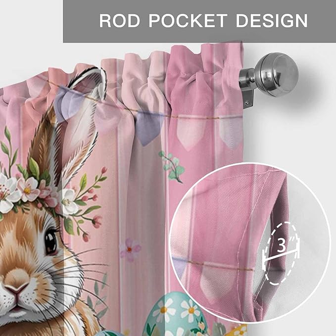 Easter Curtain Valances for Windows, Kitchen Valance Window Treatment, Spring Rabbit Eggs Flowers Flags Leaves Wood Grain Light Filtering Block Curtains for Bathroom/Bedroom/Living Room 42'' x 18''