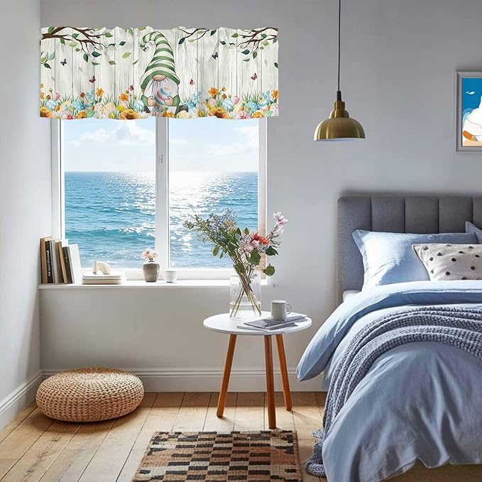 Easter Gnomes Curtain Valances for Windows, Kitchen Valance Window Treatment, Spring Watercolor Eggs Flower Wood Grain Light Filtering Block Curtains for Bathroom/Bedroom/Living Room 54'' x 18''