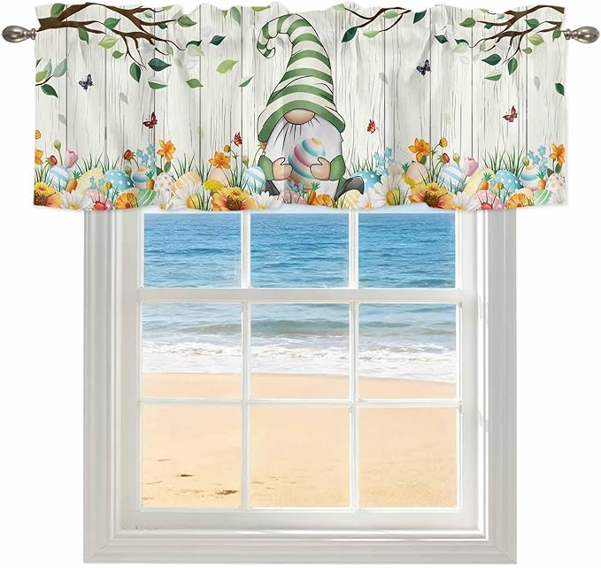 Easter Gnomes Curtain Valances for Windows, Kitchen Valance Window Treatment, Spring Watercolor Eggs Flower Wood Grain Light Filtering Block Curtains for Bathroom/Bedroom/Living Room 42'' x 18''
