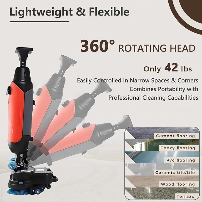 Rechargeable Floor Cleaner and Wet Dry Floor Machine, 17" Commercial Floor Scrubber, Dual-Brush Heads, Cordless Electric Floor Mop Cleaning Capacity 13000 Sqft/H, for Villa Hospital Office Red