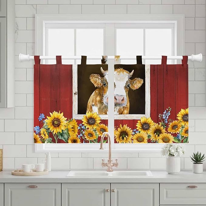 Cows Sunflowers Kitchen Curtains 36 Inch Length, Small Window Curtains Tab Top, Spring Floral Bees Farmhouse Barn Light Filtering Short Window Treatments Tier Drapes 27.5"x36" 2 Panel