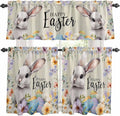 Easter Grey Bunny Kitchen Curtains Set 3 Piece for Windows,Rod Pocket Valance and Tier Set 24 Inch Length,Spring Colorful Eggs Flower Wooden Grain Light Filtering Cafe Curtains for Living Room