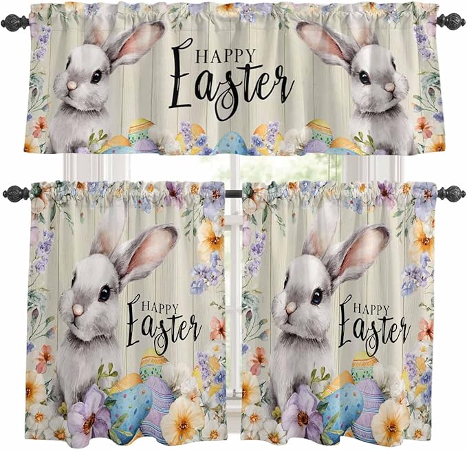 Easter Grey Bunny Kitchen Curtains Set 3 Piece for Windows,Rod Pocket Valance and Tier Set 36 Inch Length,Spring Colorful Eggs Flower Wooden Grain Light Filtering Cafe Curtains for Living Room