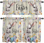Easter Grey Bunny Kitchen Curtains Set 3 Piece for Windows,Rod Pocket Valance and Tier Set 36 Inch Length,Spring Colorful Eggs Flower Wooden Grain Light Filtering Cafe Curtains for Living Room