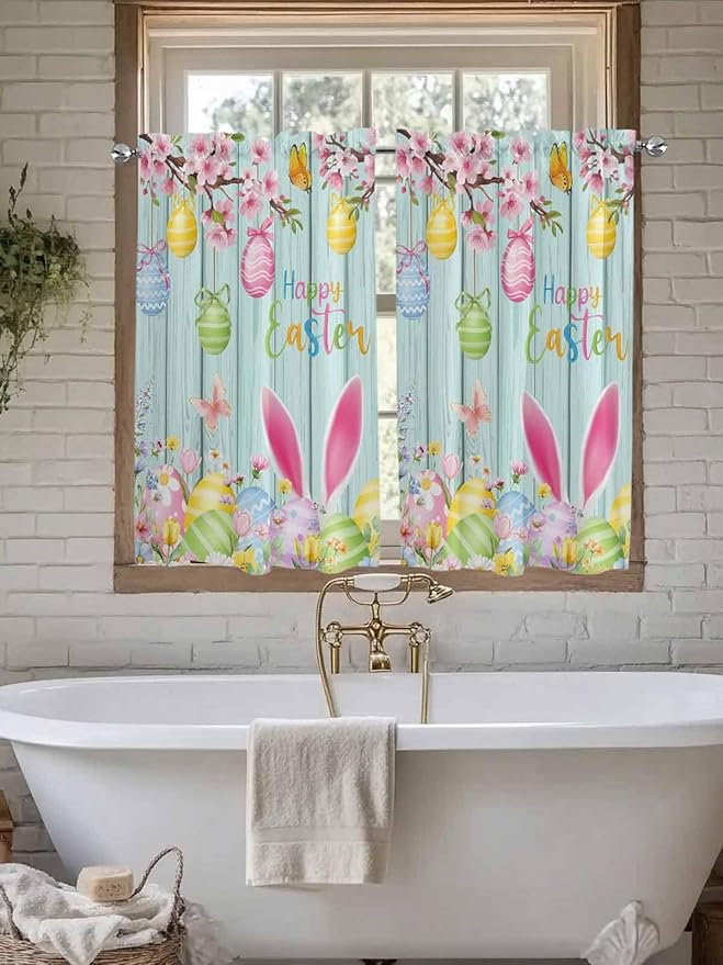 Happy Easter Kitchen Curtains 45 Inches length, Spring Bunny Eggs Flower Teal Wood Grain Window Treatment Curtain Drapes, Lightweight Window Panels for Living Room Bedroom, 52"x45", 2 Panels