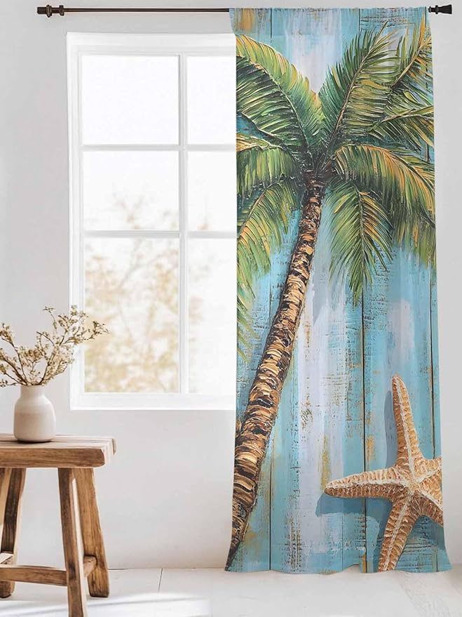Sheer Curtains 84 Inches Long, Coastal Beach Tree Semi Sheer Curtains Light Filtering Window Treatment, Summer Tropical Starfish Wood Grain Privacy Voile Drapes for Living Room Bedroom 52x84 Inch