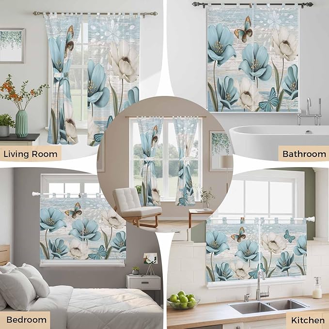 Spring Floral Living Room Curtains 96 Inch Length, Window Curtains Tab Top, Vintage Tulips Flower Butterfly Retro Wood Blue Light Filtering Window Treatments Drapes 52"x96" 2 Panel