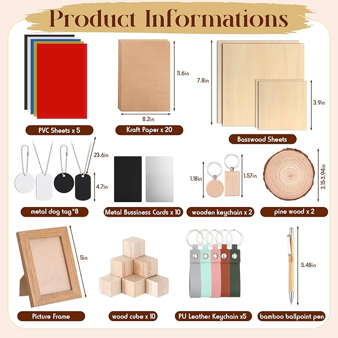Tondiamo 76 Pcs Laser Material Explore Kit for Laser Engraving Materials Accessories Including Wood, Metal, PU Leather, PVC Materials for Laser Engraver Crafting Supplies