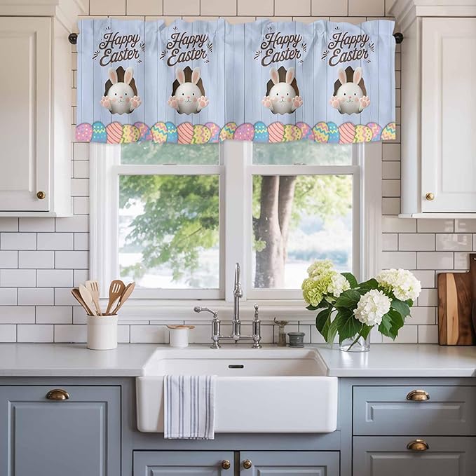 Blue Easter Curtain Valances for Windows, Kitchen Valance Window Treatment, Spring Cartoon Bunny Colorful Eggs Wood Grain Light Filtering Block Curtains for Bathroom/Bedroom/Living Room 42'' x 18''
