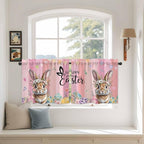 Easter Tier Curtains, Spring Rabbit Eggs Flowers Flags Leaves Wood Grain Light Filtering Kitchen Curtains, 2Pcs Rod Pocket Half Window Treatments Panels for Sink Cafe Cabinet Camper 27.5x24 Inches