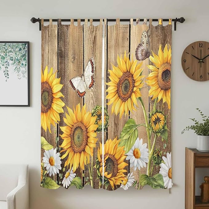 Farmhouse Sunflowers Living Room Curtains 84 Inch Length, Window Curtains Tab Top, Rustic Floral Buttterfly Wood Board Brown Light Filtering Window Treatments Drapes 52"x84" 2 Panel