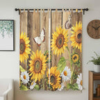 Farmhouse Sunflowers Living Room Curtains 84 Inch Length, Window Curtains Tab Top, Rustic Floral Buttterfly Wood Board Brown Light Filtering Window Treatments Drapes 52"x84" 2 Panel