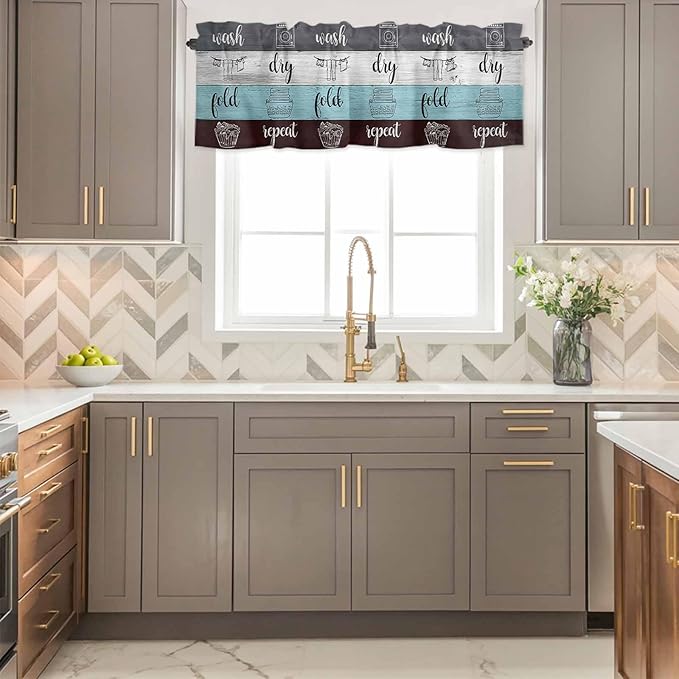 Laundry Rules Valances for Windows, Retro Blue White Wood Board Grain Kitchen Valance Light Filtering Rod Pocket Short Curtains for Kitchen Bathroom, 1 Panel, 60"x14"
