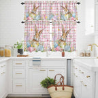 Kitchen Curtains Tiers and Valance Set of 3, Easter Light Filtering Window Curtain Set, Spring Rabbit Eggs Nature Botanicals Pink Plaid Rod Pocket Curtain Drapes for Cafe, Living Room, 36 Inches Tiers