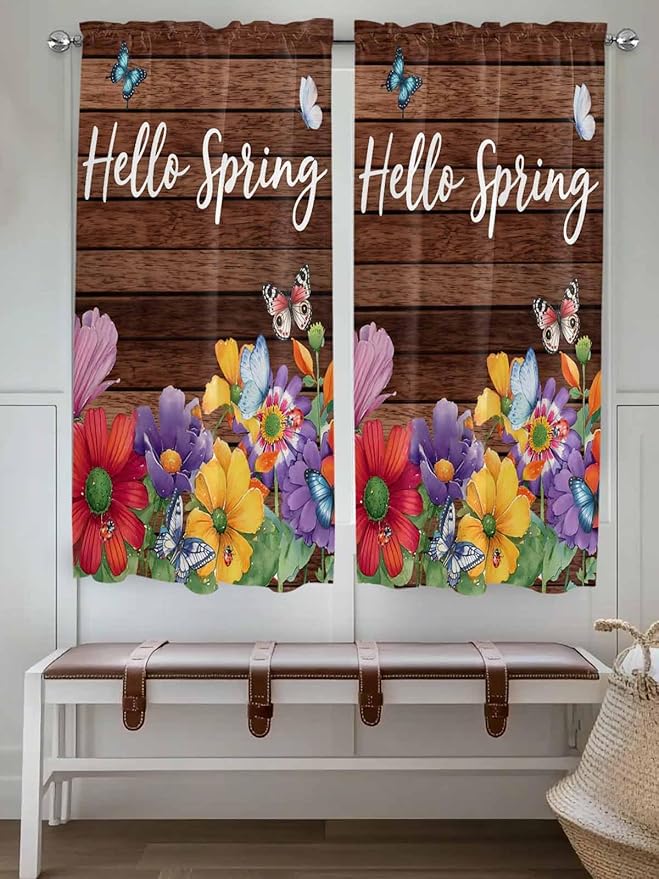 Spring Flowers Bedroom Curtains 63 Inches length, Watercolor Farmhouse Colorful Wooden Grain Window Treatment Curtain Drapes, Rod Pocket Curtain Panels for Living Room Kitchen, 42"x63", 2 Panels