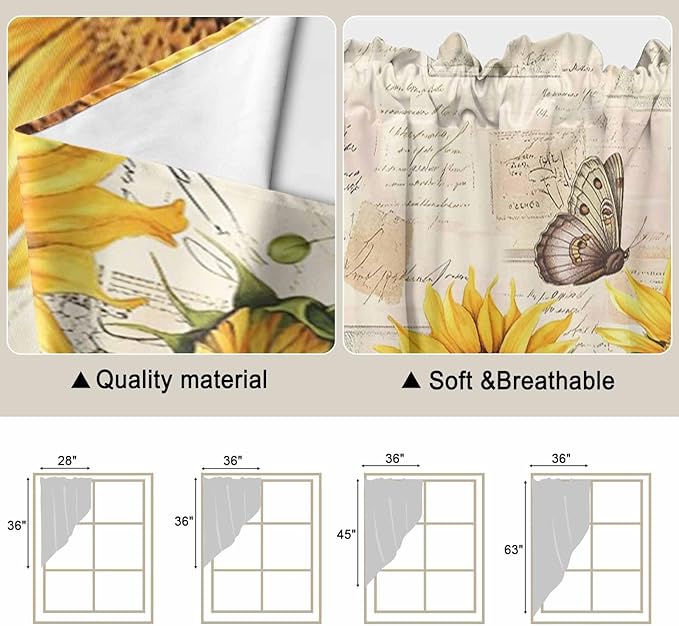 Yellow Sunflowers Swag Valances for Windows, Country Farm Butterfly Flower Light Beige Rod Pocket Kitchen Curtains Valance, Kitchen Window Curtains Swag for Cafe Living Room, 2 Panels, 36x45 inch