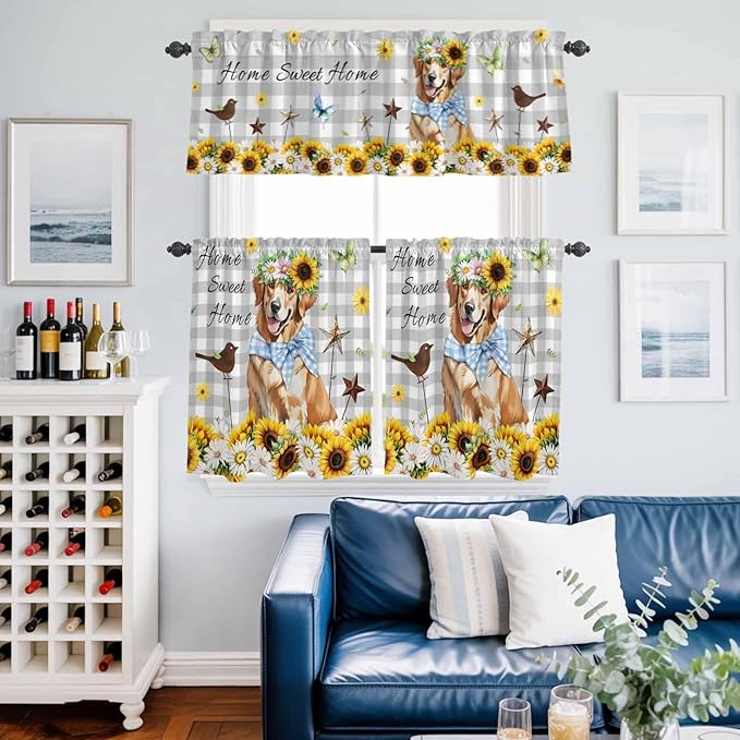 Kitchen Curtains Tiers and Valance Set of 3, Sunflowers Dog Light Filtering Window Curtain Set, Spring Watercolor Floral Stars Grey Plaid Rod Pocket Curtain Drapes for Living Room, 24 Inches Tiers