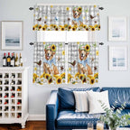 Kitchen Curtains Tiers and Valance Set of 3, Sunflowers Dog Light Filtering Window Curtain Set, Spring Watercolor Floral Stars Grey Plaid Rod Pocket Curtain Drapes for Living Room, 36 Inches Tiers