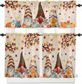 Fall Kitchen Curtain Set, Orange Pumpkins Thanksgiving Gnomes Autumn Maple Leaf Window Valance and Tiers 36" Length, Light Filtering Short Curtains Valance for Cafe Bathroom Bedroom 54"x18"
