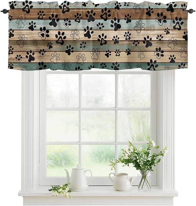 Dog Paws Valance Curtains for Kitchen, Teal Brown Wood Grain Privacy Rod Pocket Valance Curtain, Light-Filtering Window Treatment for Bedroom Bathroom, 60"x18"