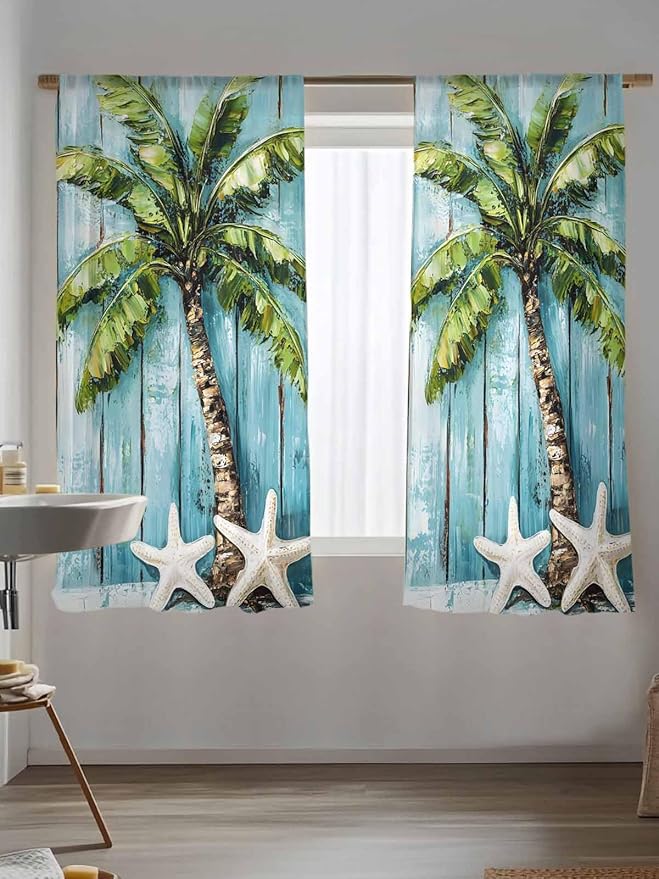 Sheer Curtains 63 Inch Length, Coastal Beach Starfish Semi Sheer Curtains Light Filtering Window Treatment, Blue Green Tropical Palm Tree Wood Grain Privacy Voile Drapes for Living Room 52x63 Inch