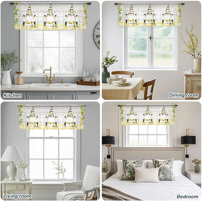 Lemon Dwarfs Sheer Valance Curtains, Gnome Green Leaf Wood Striped Black Plaid Light Filtering Kitchen Valances Rod Pocket Voile Curtain Window Treatment for Bedroom/Living Room/Basement 42Wx18L
