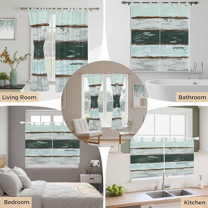 Blue Teal Living Room Curtains 96 Inch Length, Window Curtains Tab Top, Vintage Wooden Retro Art Farmhouse Barns Light Filtering Window Treatments Drapes 52"x96" 2 Panel