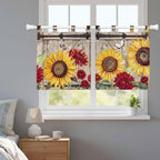 Sunflowers Kitchen Curtains 24 Inch Length, Small Window Curtains Tab Top, Retro Flower Barn Doors Butterfly Farmhouse Brown Light Filtering Short Window Treatments Tier Drapes 27.5"x24" 2 Panel