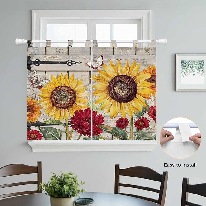 Red Yellow Sunflowers Bedroom Curtains 63 Inch Length, Window Curtains Tab Top, Retro Rustic Barn Doors Butterfly Brown Light Filtering Window Treatments Drapes 42"x63" 2 Panel